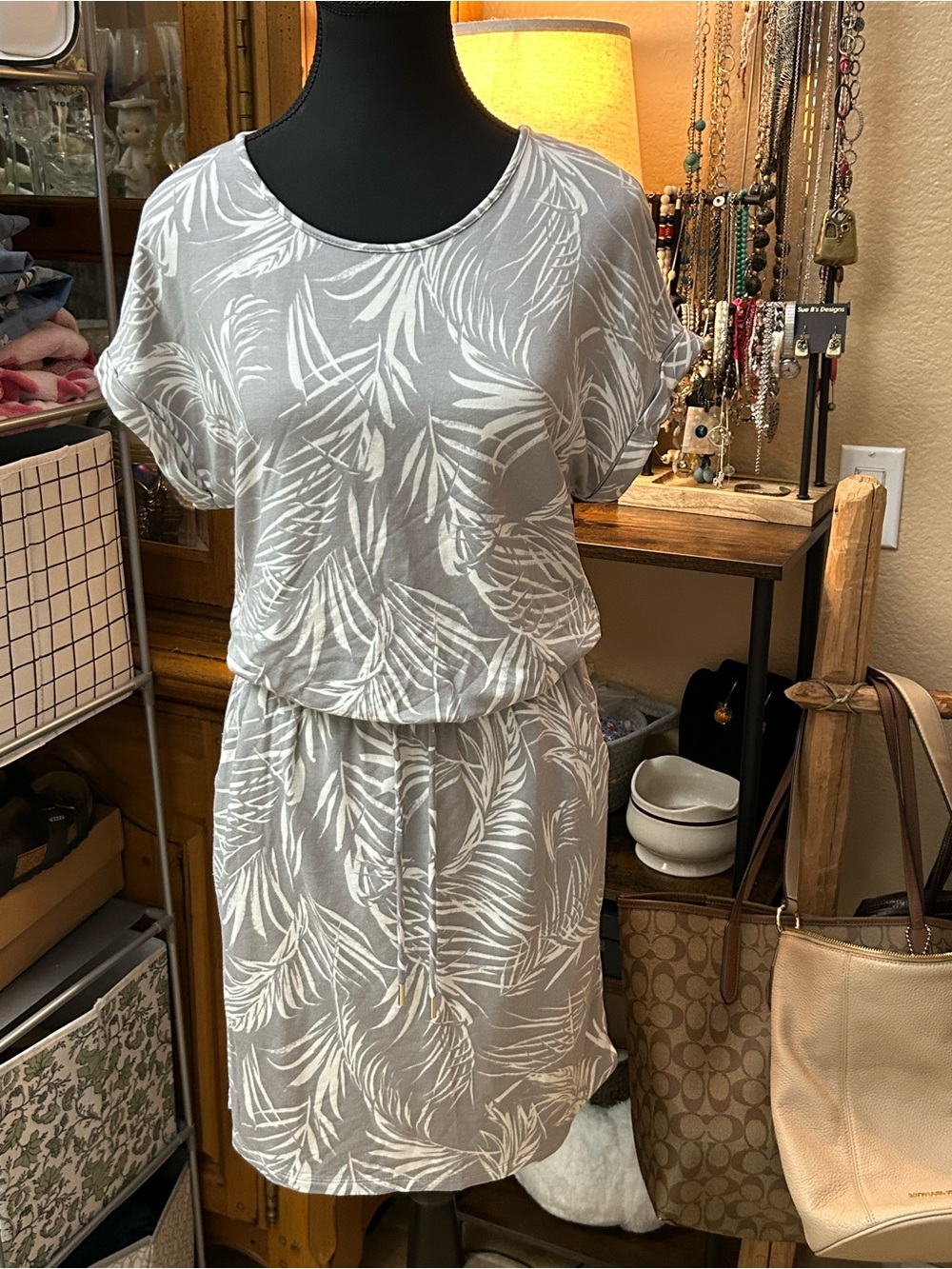 Hilary Radley Gray and White Leaf-Print Mini Dress